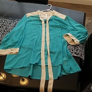 Turquoise and cream sheer blouse with bow